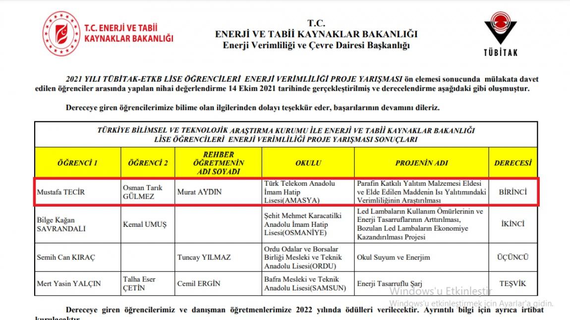 Enerji Verimliliği Proje Yarışması Türkiye Birincisiyiz.